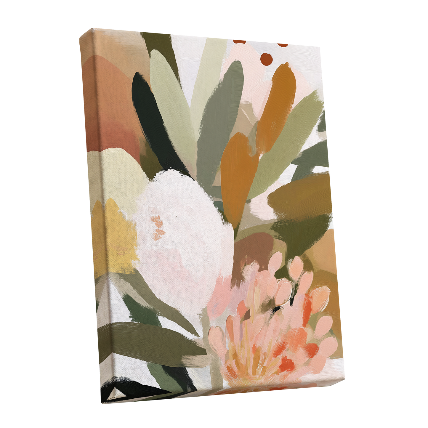 Verdant Petal Drift, green, pink, white floral wall art shown as a stretched canvas wall art