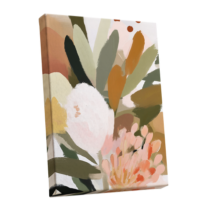 Verdant Petal Drift, green, pink, white floral wall art shown as a stretched canvas wall art