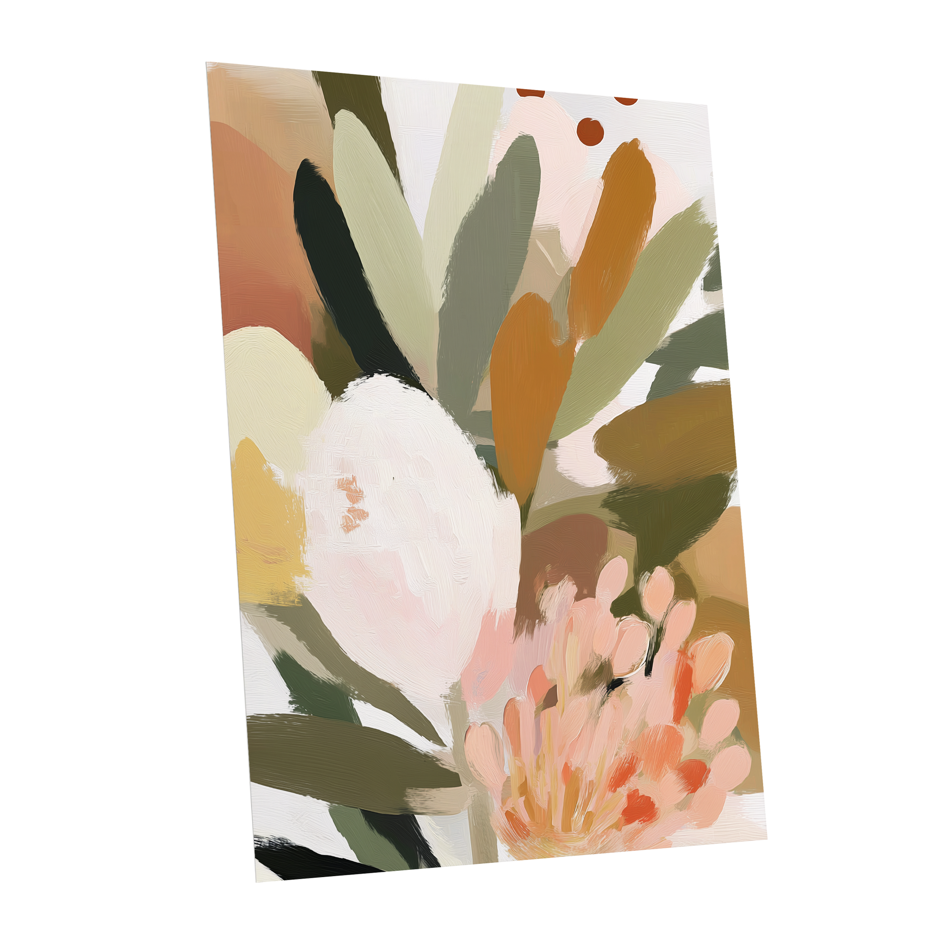 Verdant Petal Drift, green, pink, white floral wall art shown as a unframed poster wall art print