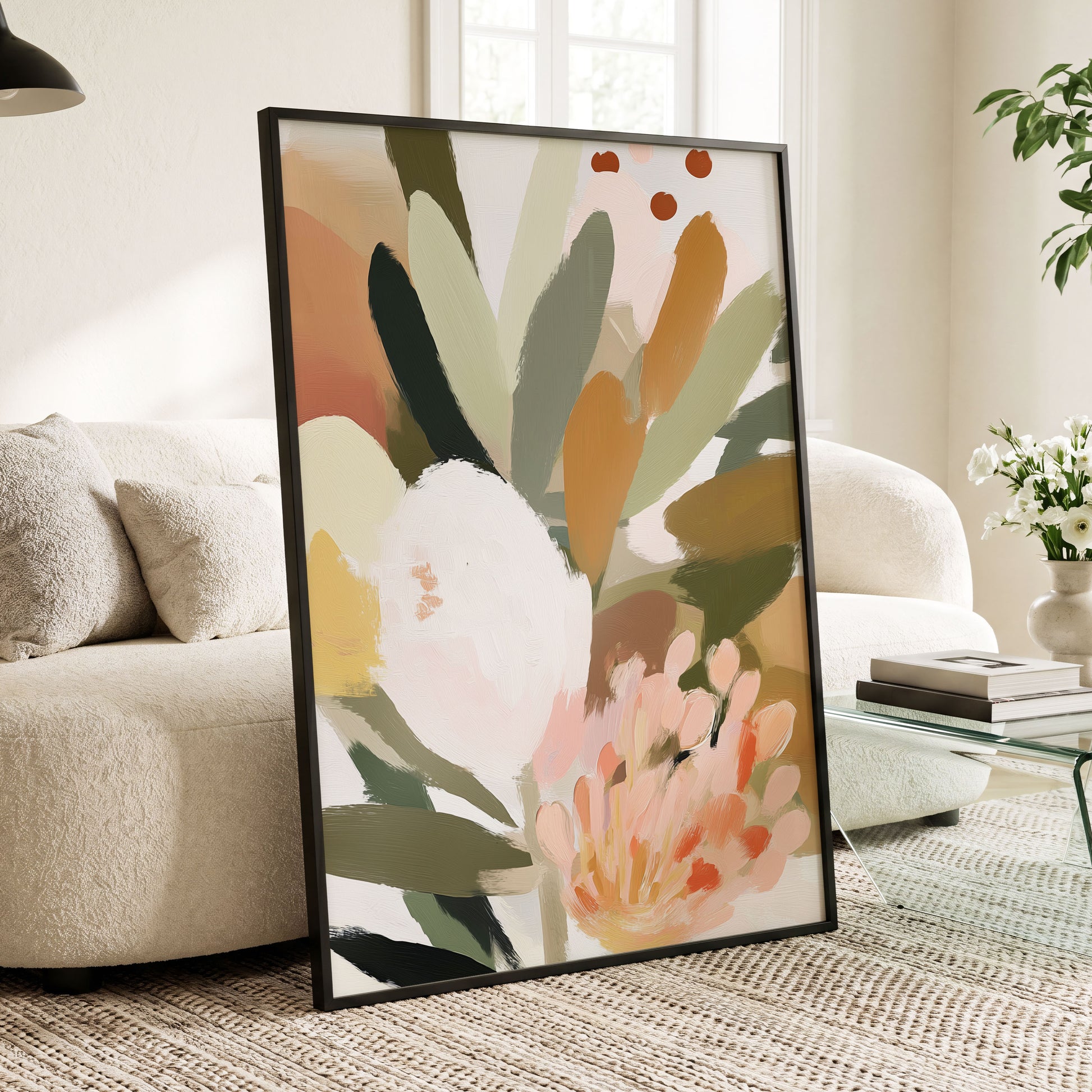 Verdant Petal Drift, green, pink, white floral wall art displayed in a styled interior, gallery view 2