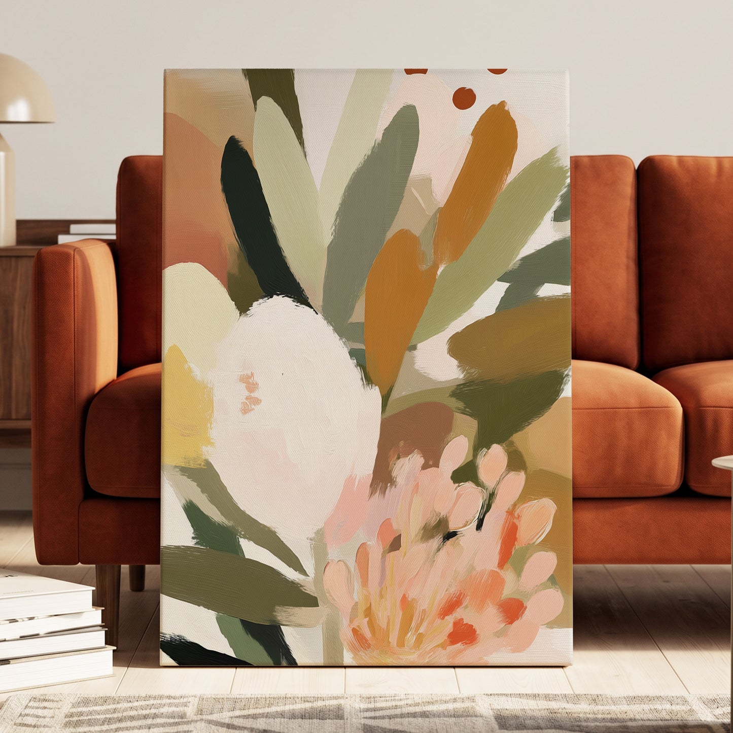 Verdant Petal Drift, green, pink, white floral wall art displayed in a styled interior, gallery view 3