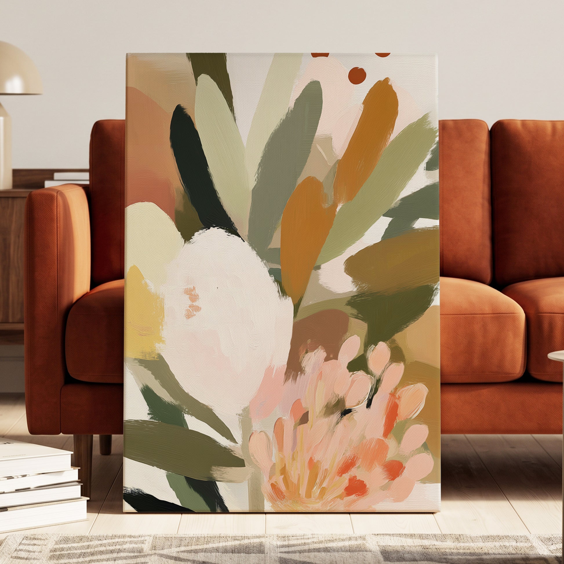 Verdant Petal Drift, green, pink, white floral wall art displayed in a styled interior, gallery view 3