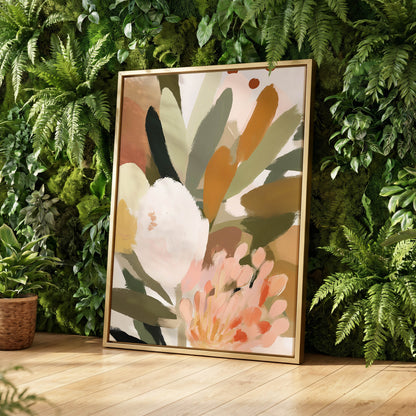 Verdant Petal Drift, green, pink, white floral wall art displayed in a styled interior, gallery view 4