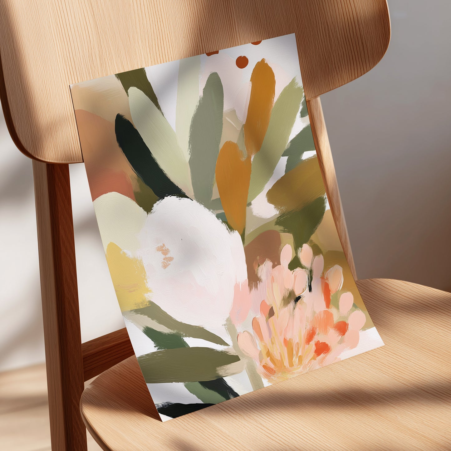 Verdant Petal Drift, green, pink, white floral wall art displayed in a styled interior, gallery view 5