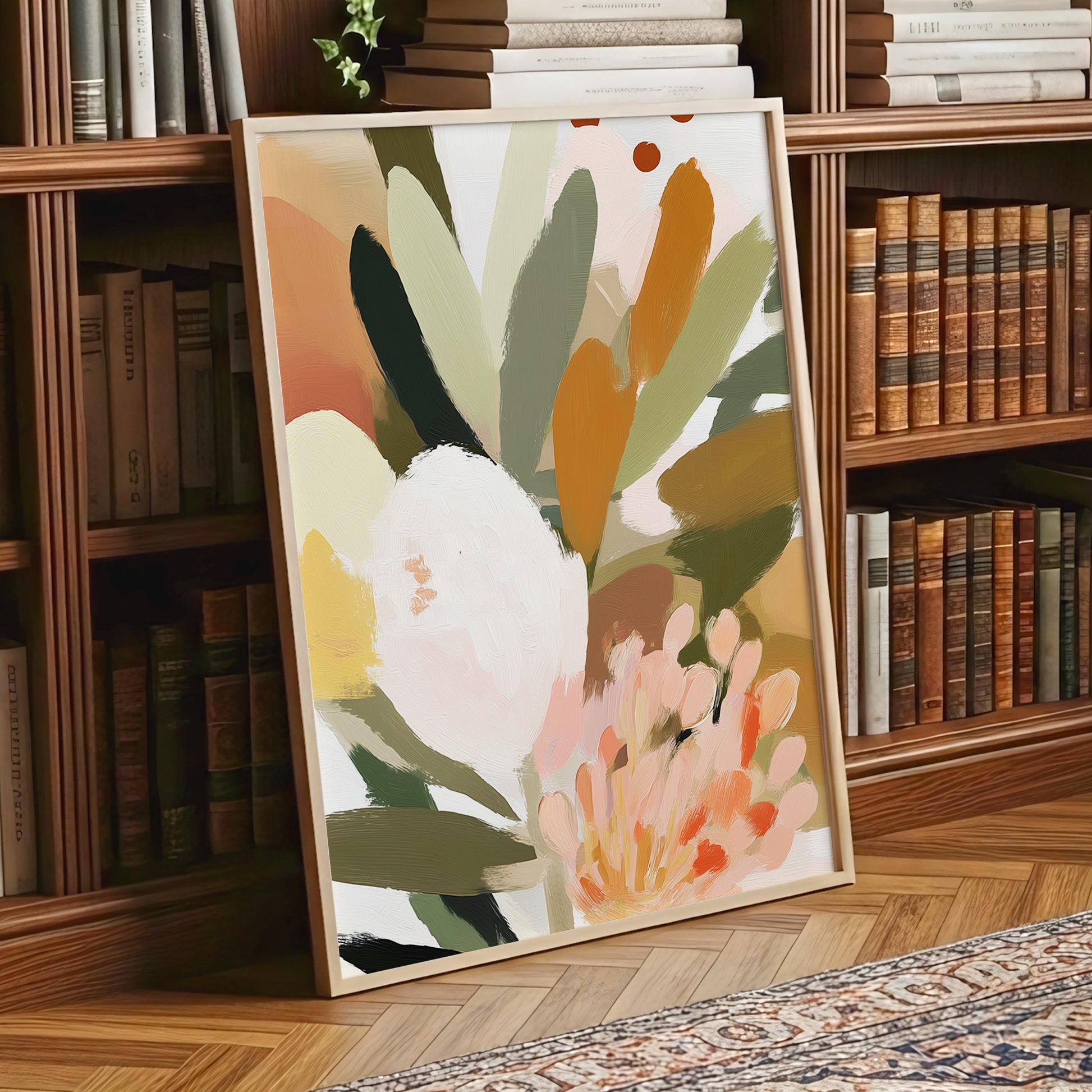 Verdant Petal Drift, green, pink, white floral wall art displayed in a styled interior, gallery view 6