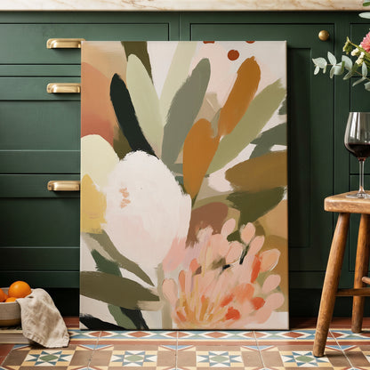 Verdant Petal Drift, green, pink, white floral wall art displayed in a styled interior, gallery view 7