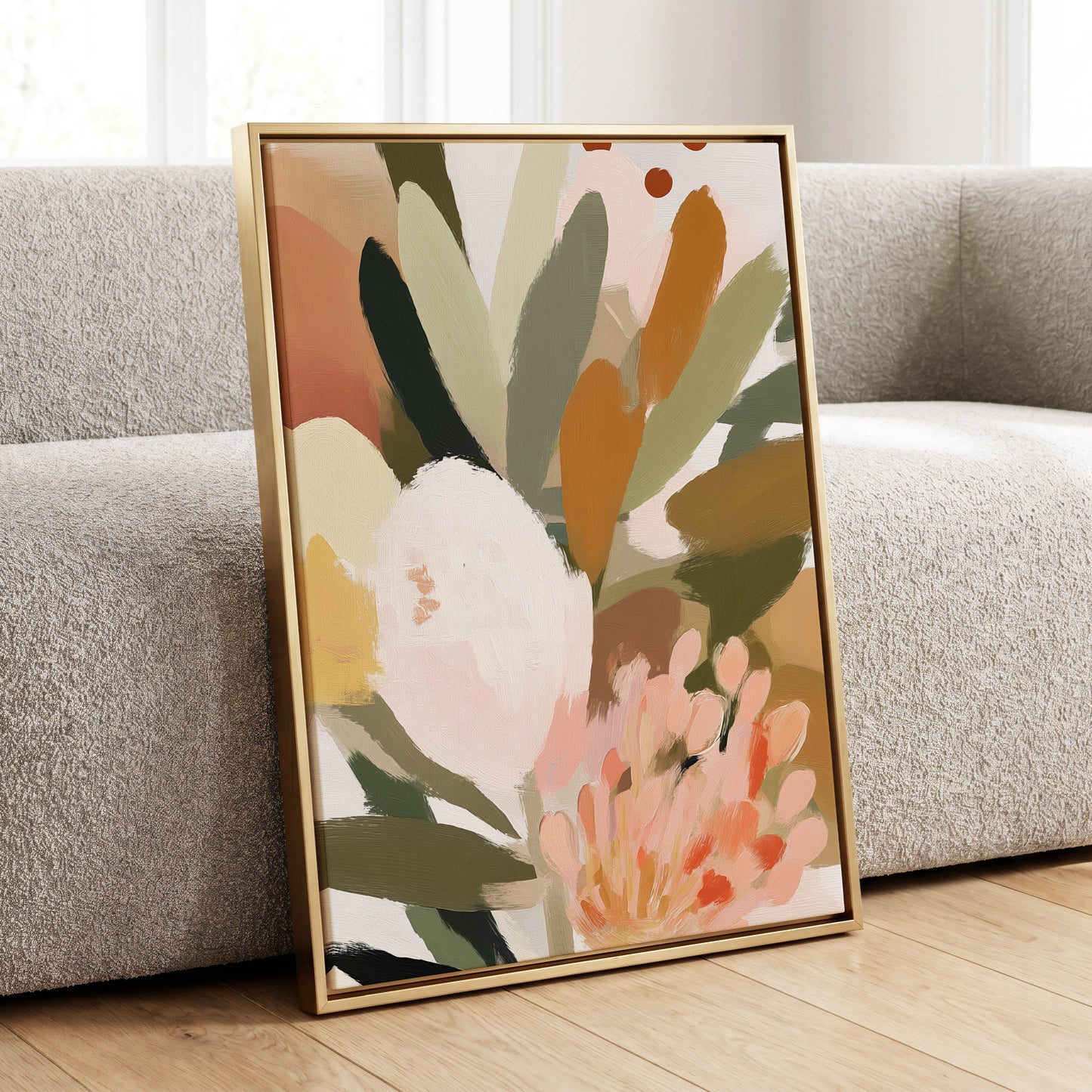 Verdant Petal Drift, green, pink, white floral wall art displayed in a styled interior, gallery view 8