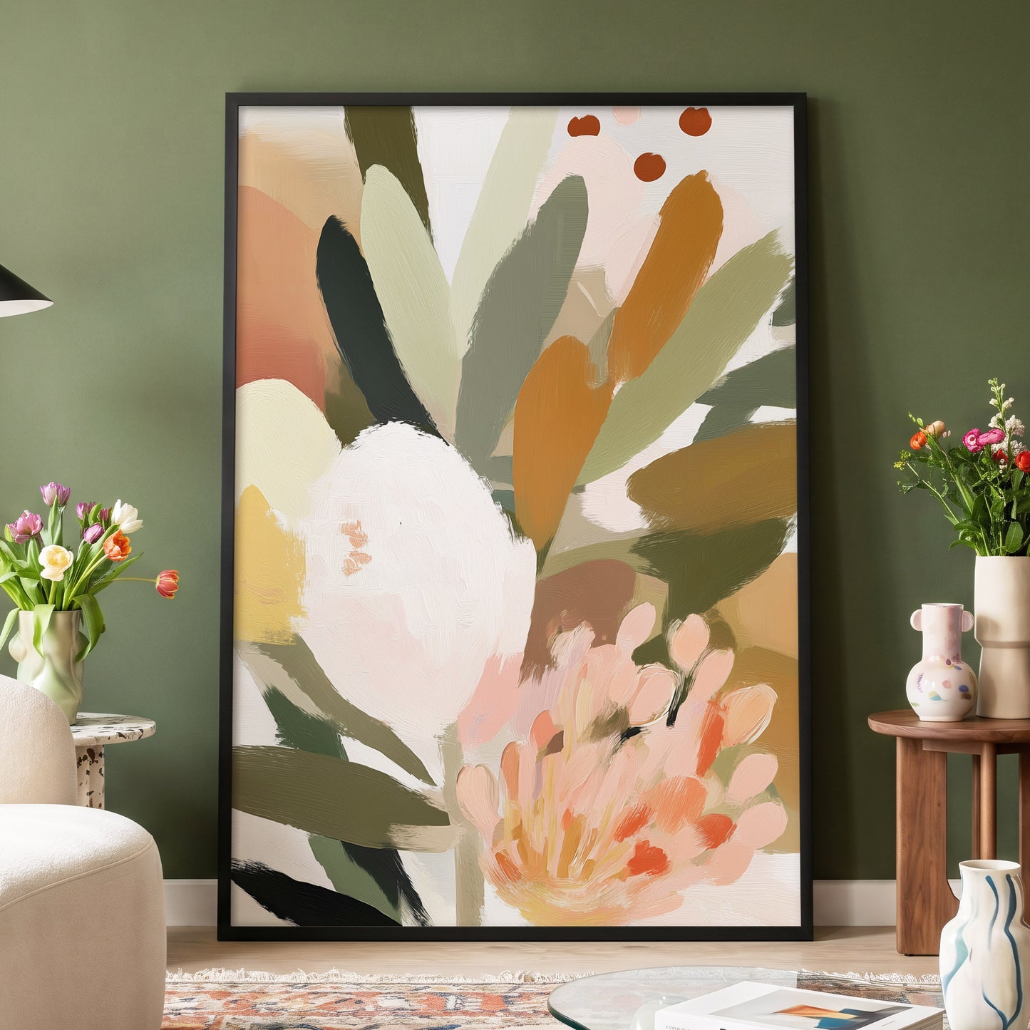 Verdant Petal Drift, green, pink, white floral wall art displayed in a styled interior, gallery view 9
