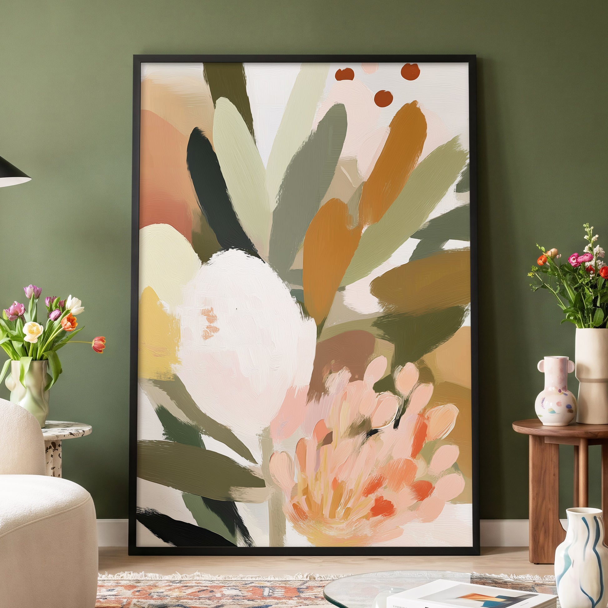 Verdant Petal Drift, green, pink, white floral wall art displayed in a styled interior, gallery view 9