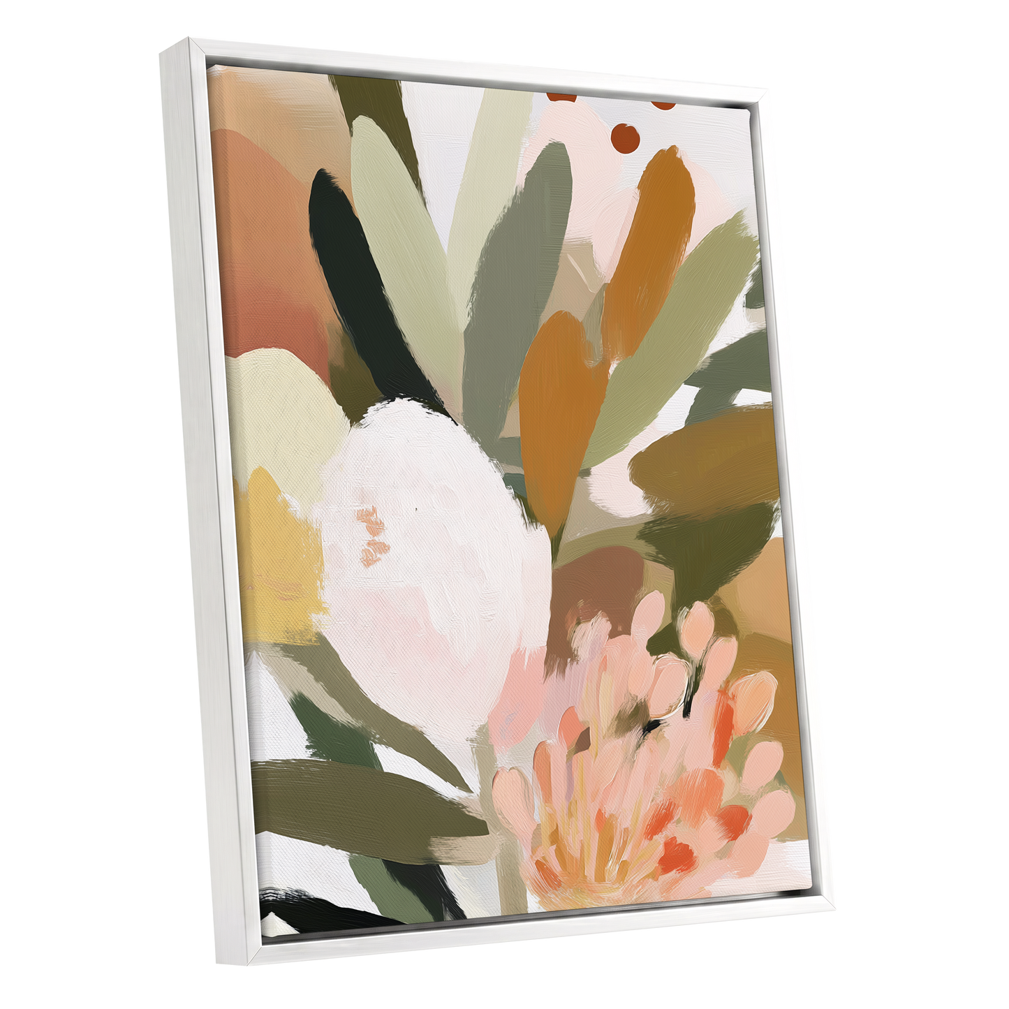 Verdant Petal Drift, green, pink, white floral wall art shown as a white framed canvas wall art