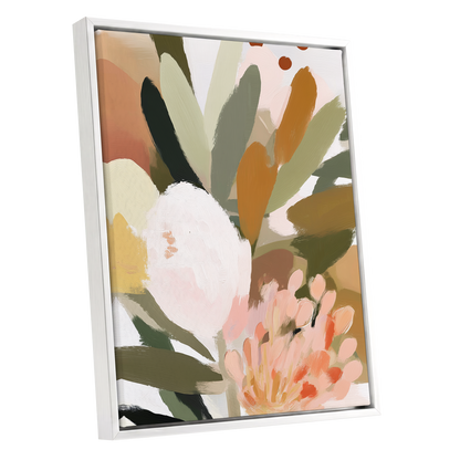 Verdant Petal Drift, green, pink, white floral wall art shown as a white framed canvas wall art