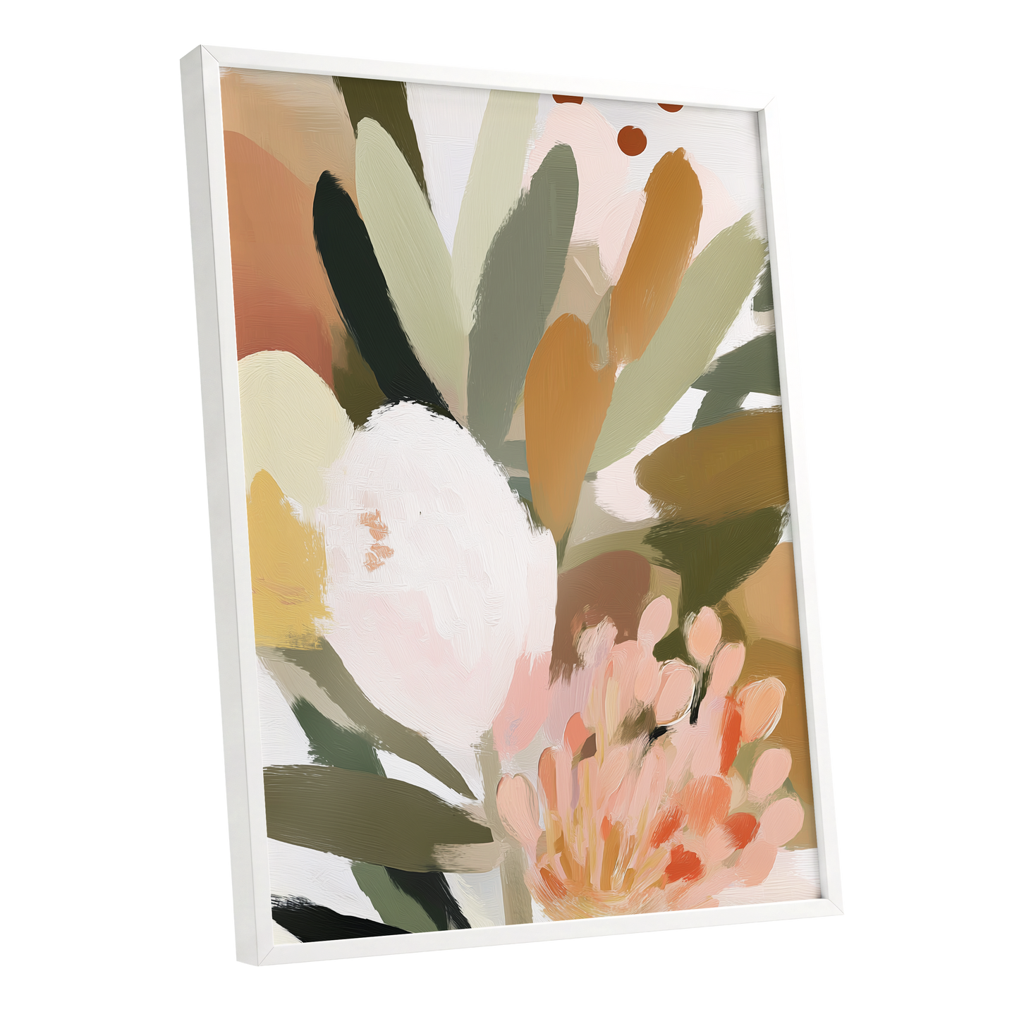 Verdant Petal Drift, green, pink, white floral wall art shown as a white framed poster wall art print