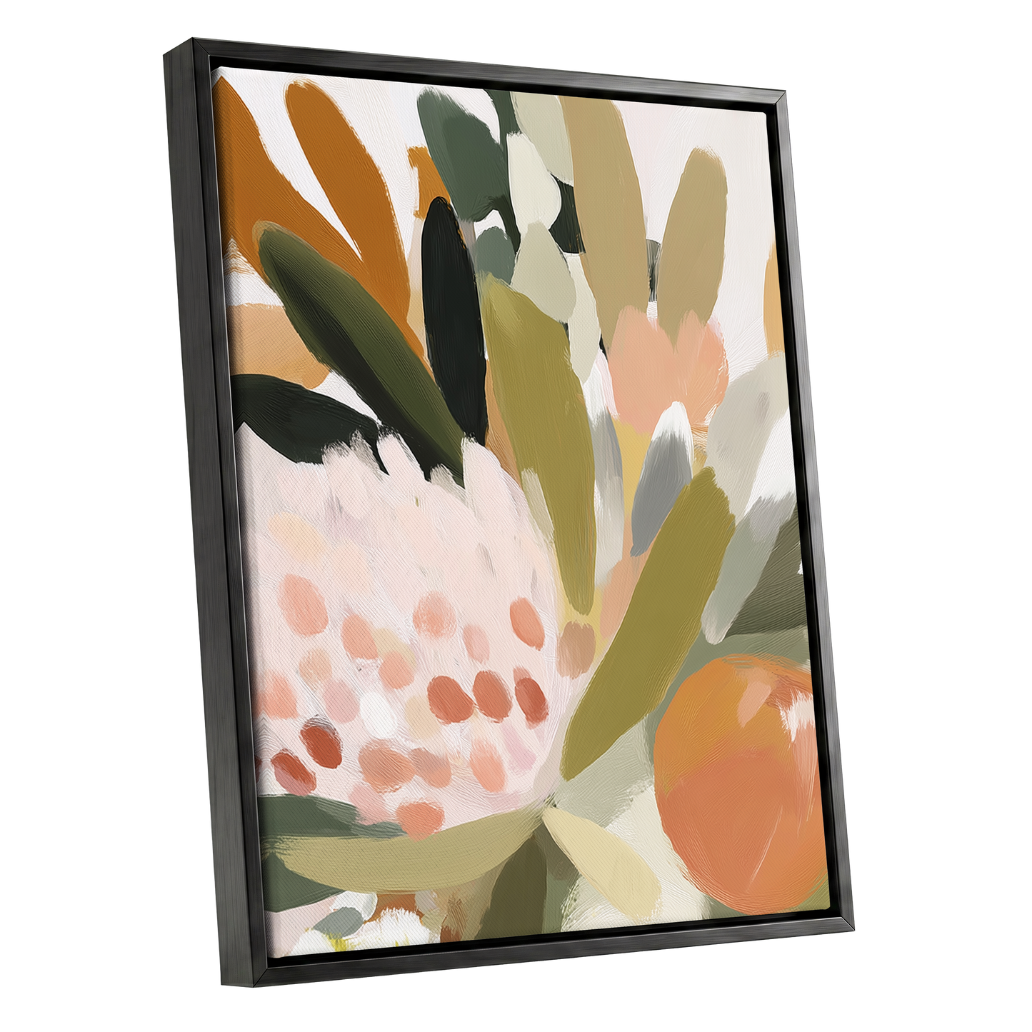 Verdant Petal Rhythm, green, beige, pink floral wall art shown as a black framed canvas wall art