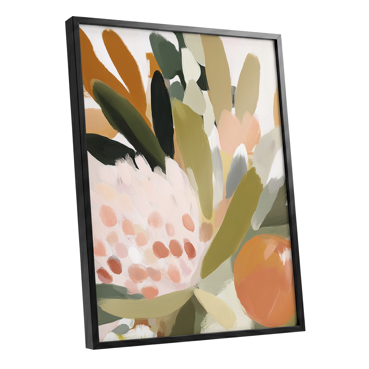 Verdant Petal Rhythm, green, beige, pink floral wall art shown as a black framed poster wall art print