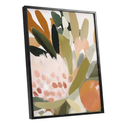 Verdant Petal Rhythm, green, beige, pink floral wall art shown as a black framed poster wall art print