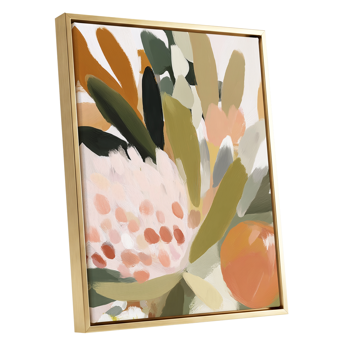 Verdant Petal Rhythm, green, beige, pink floral wall art shown as a gold framed canvas wall art