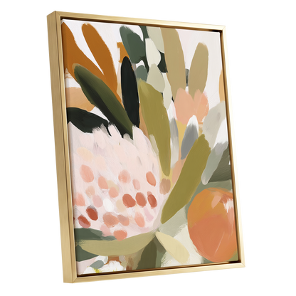 Verdant Petal Rhythm, green, beige, pink floral wall art shown as a gold framed canvas wall art
