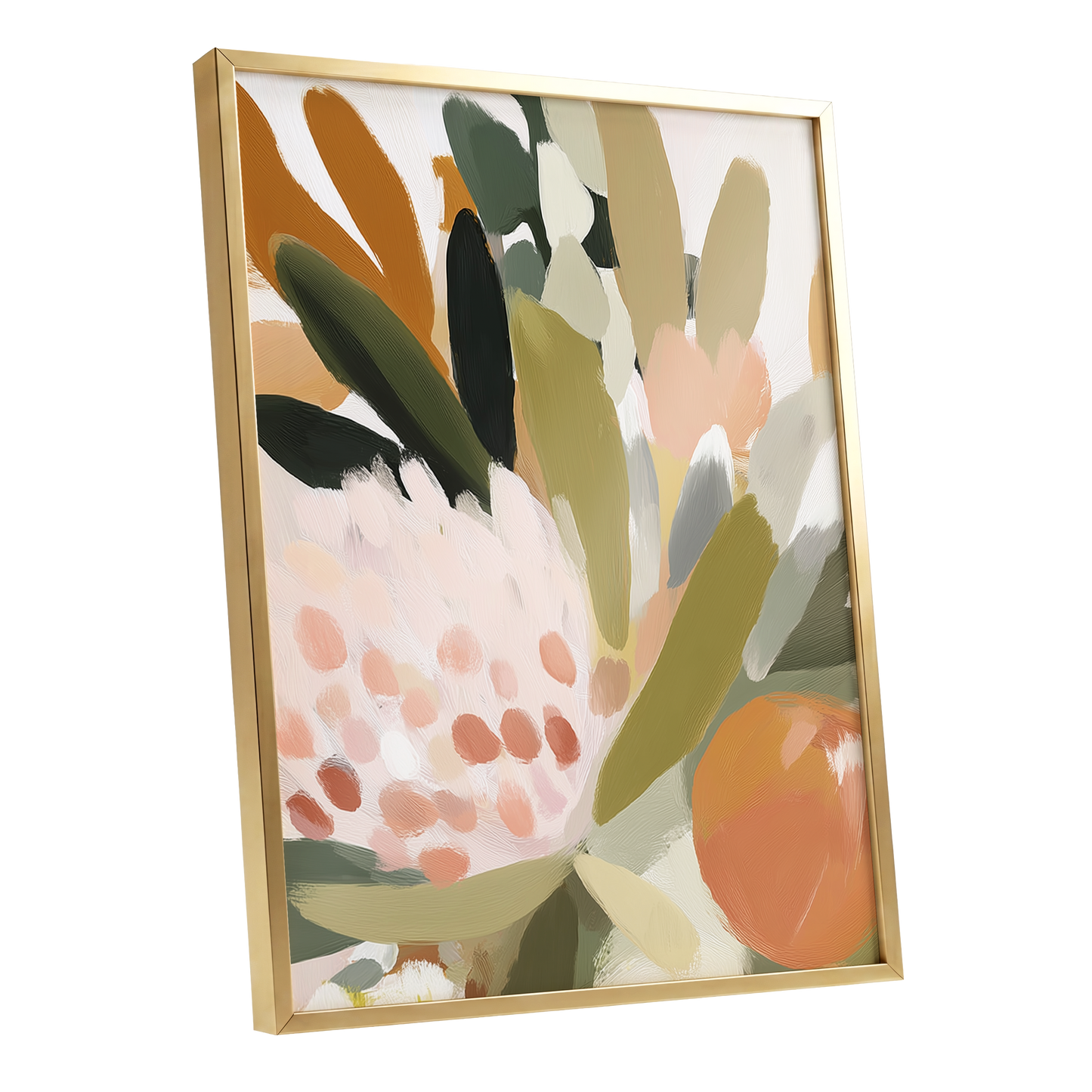 Verdant Petal Rhythm, green, beige, pink floral wall art shown as a gold framed poster wall art print