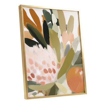 Verdant Petal Rhythm, green, beige, pink floral wall art shown as a gold framed poster wall art print