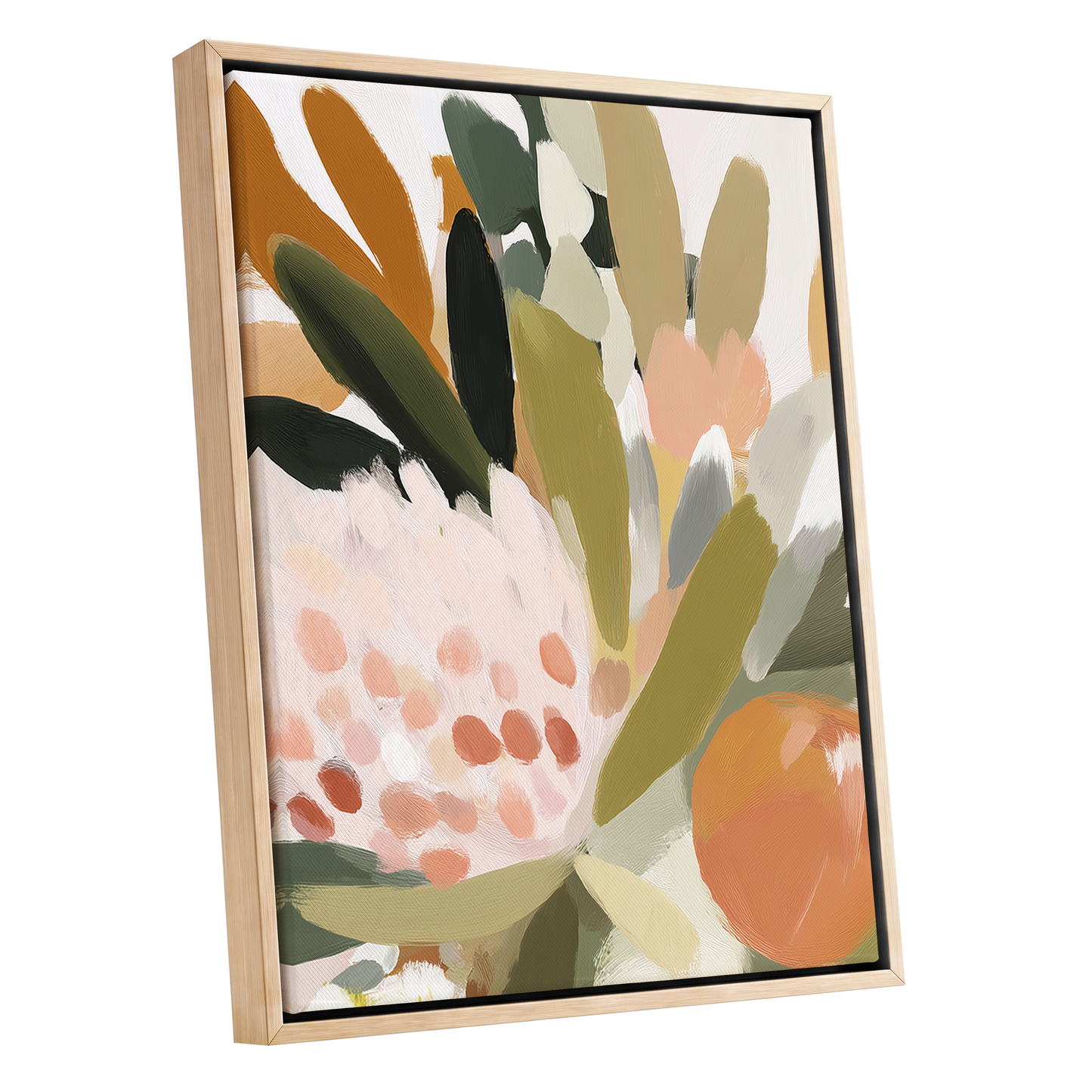 Verdant Petal Rhythm, green, beige, pink floral wall art shown as a oak framed canvas wall art
