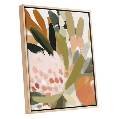 Verdant Petal Rhythm, green, beige, pink floral wall art shown as a oak framed canvas wall art