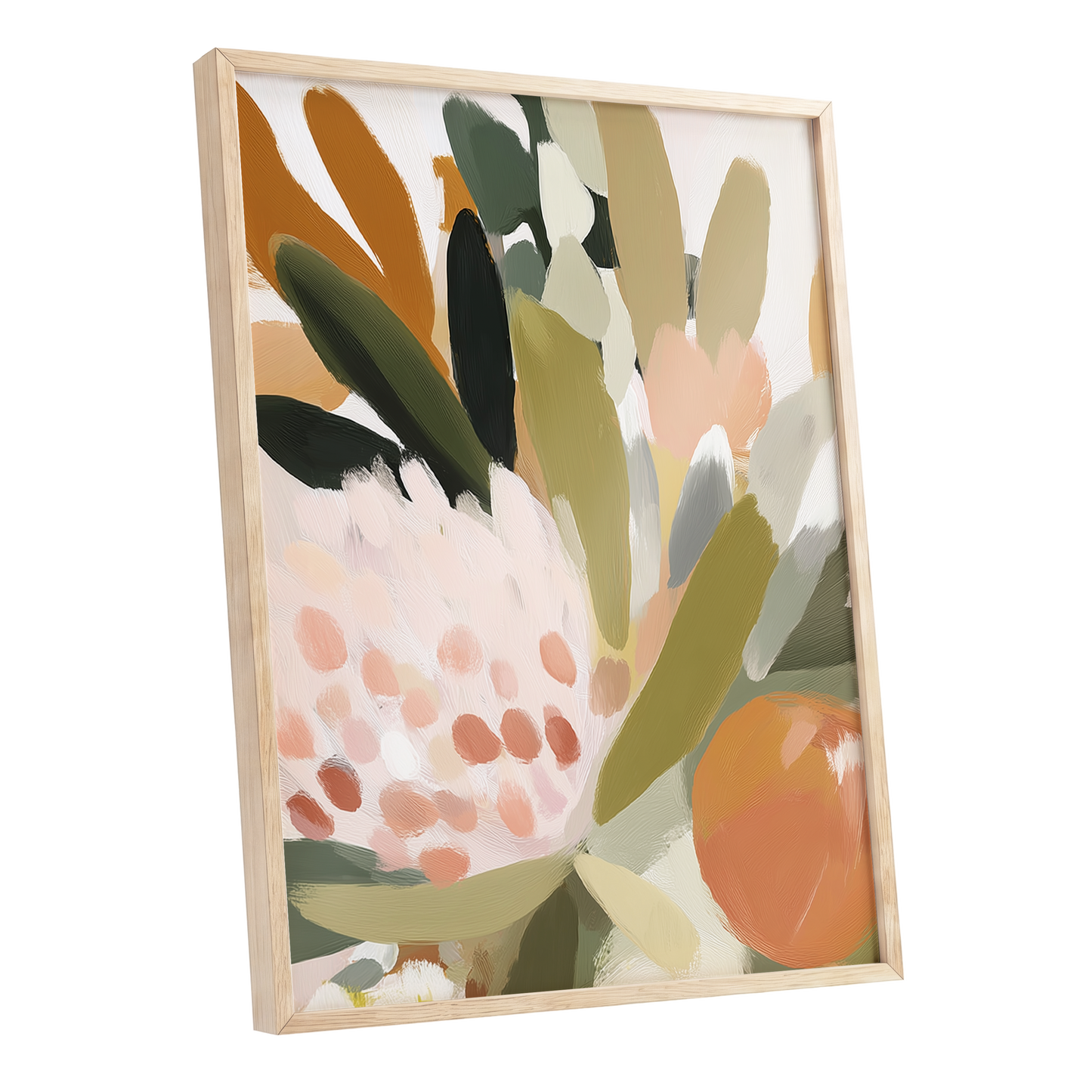 Verdant Petal Rhythm, green, beige, pink floral wall art shown as a oak framed poster wall art print