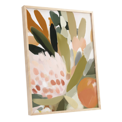 Verdant Petal Rhythm, green, beige, pink floral wall art shown as a oak framed poster wall art print