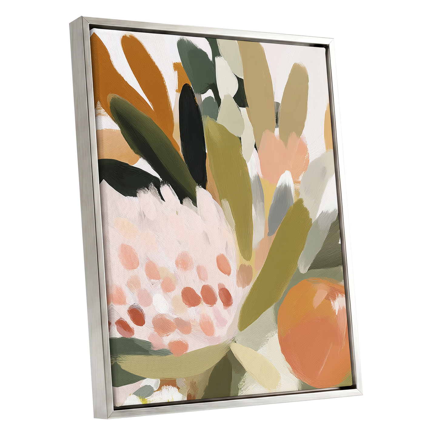 Verdant Petal Rhythm, green, beige, pink floral wall art shown as a silver framed canvas wall art