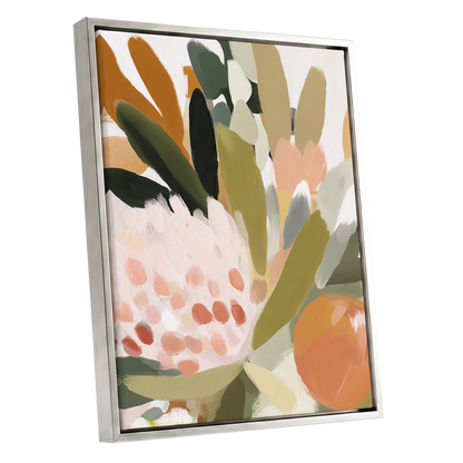 Verdant Petal Rhythm, green, beige, pink floral wall art shown as a silver framed canvas wall art