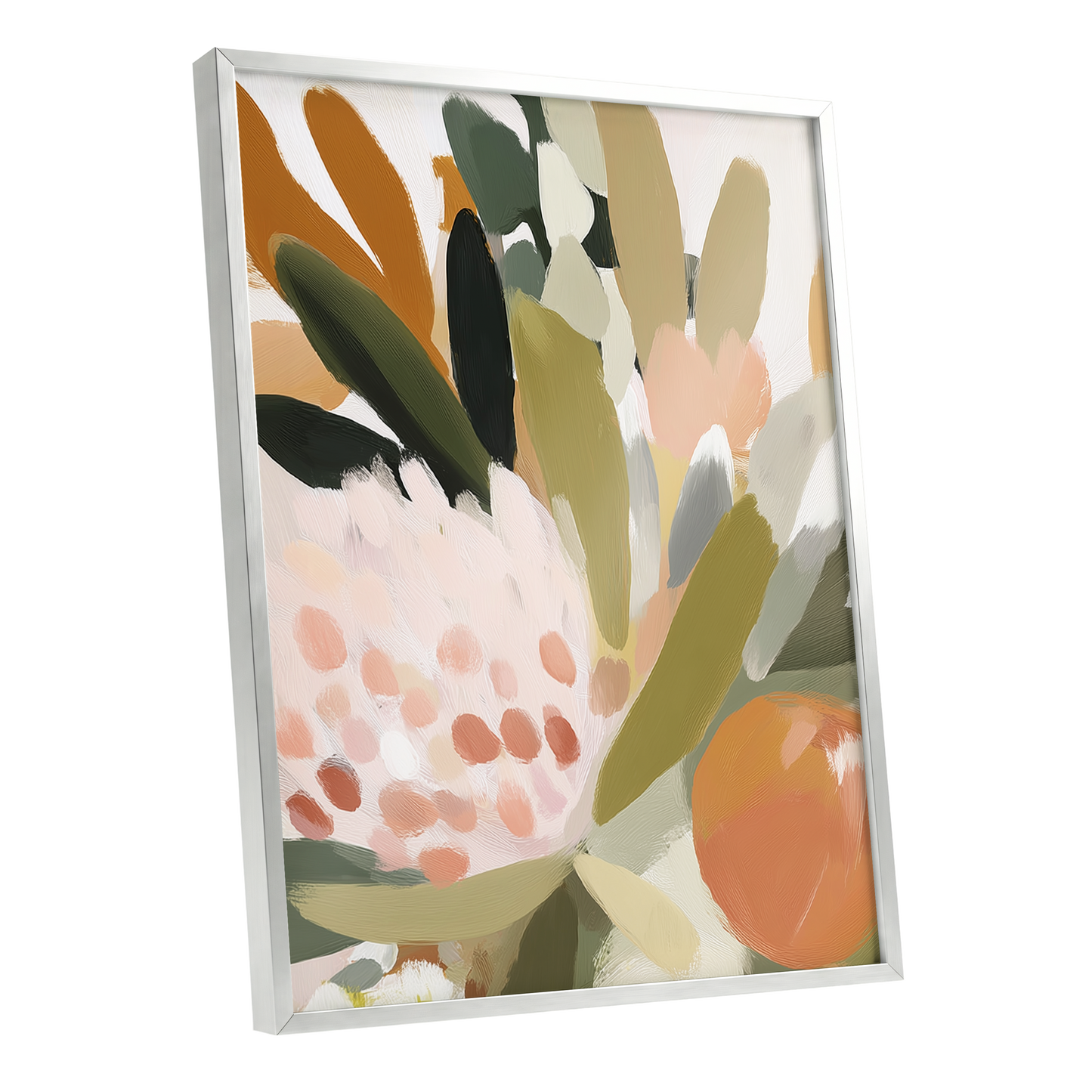 Verdant Petal Rhythm, green, beige, pink floral wall art shown as a silver framed poster wall art print