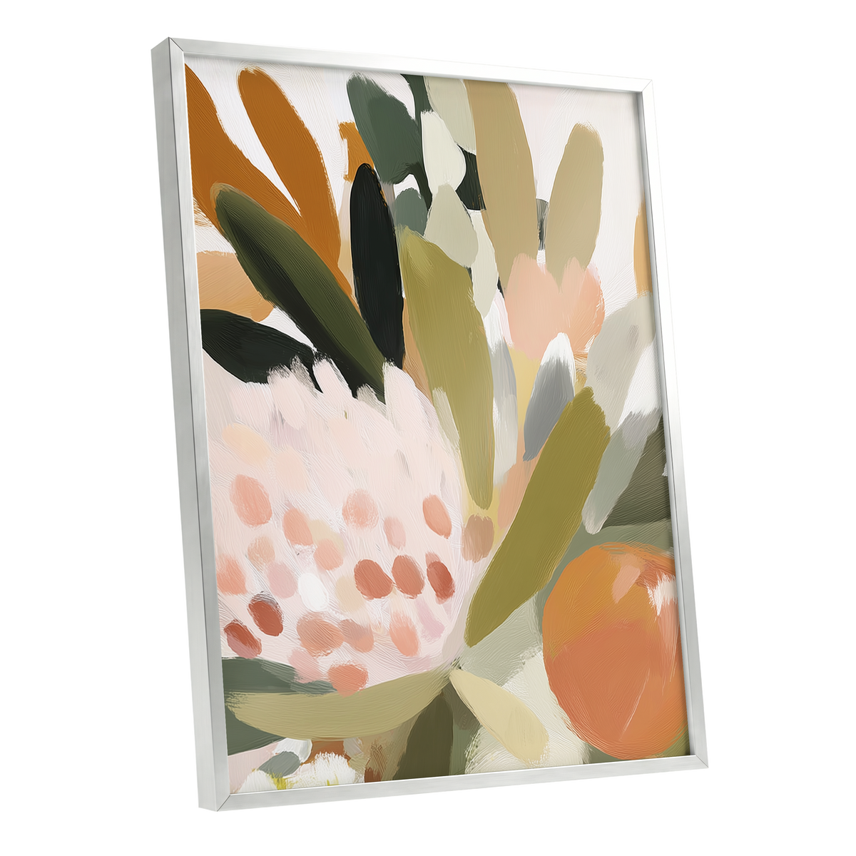Verdant Petal Rhythm, green, beige, pink floral wall art shown as a silver framed poster wall art print