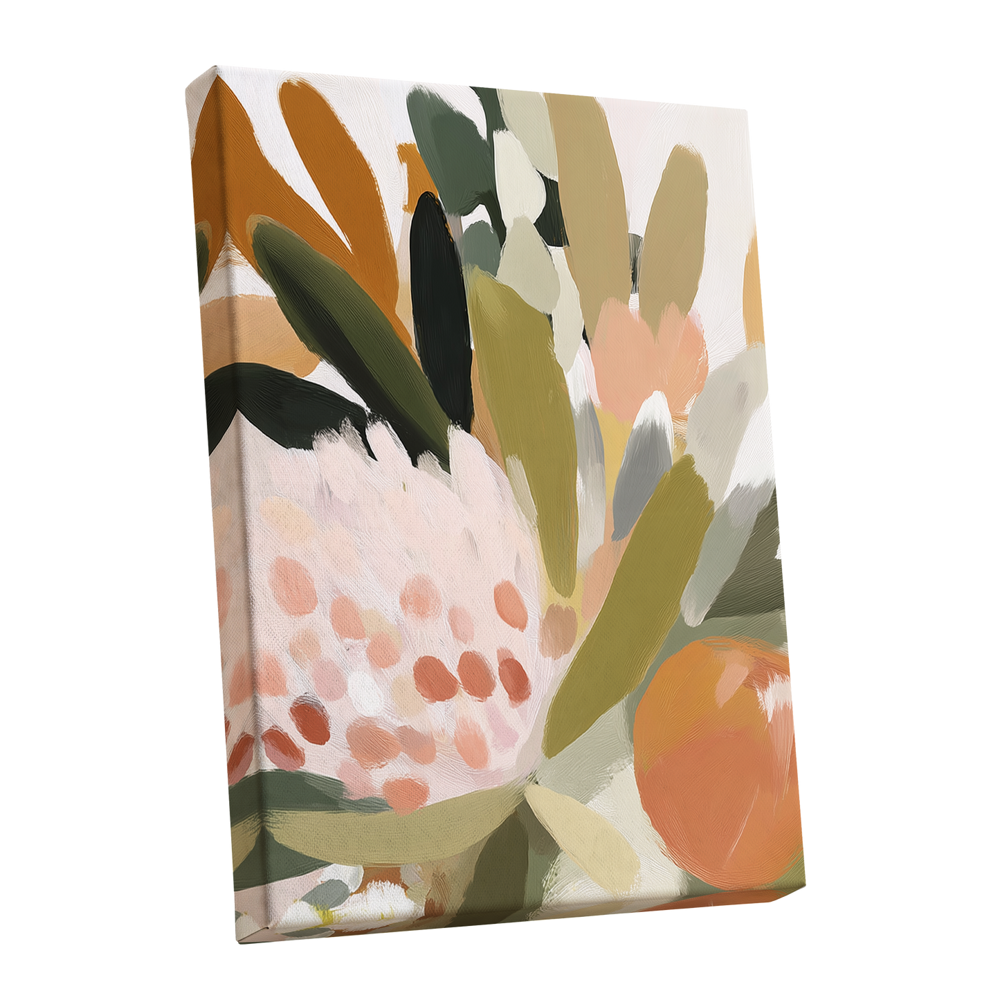 Verdant Petal Rhythm, green, beige, pink floral wall art shown as a stretched canvas wall art