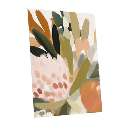Verdant Petal Rhythm, green, beige, pink floral wall art shown as a unframed poster wall art print