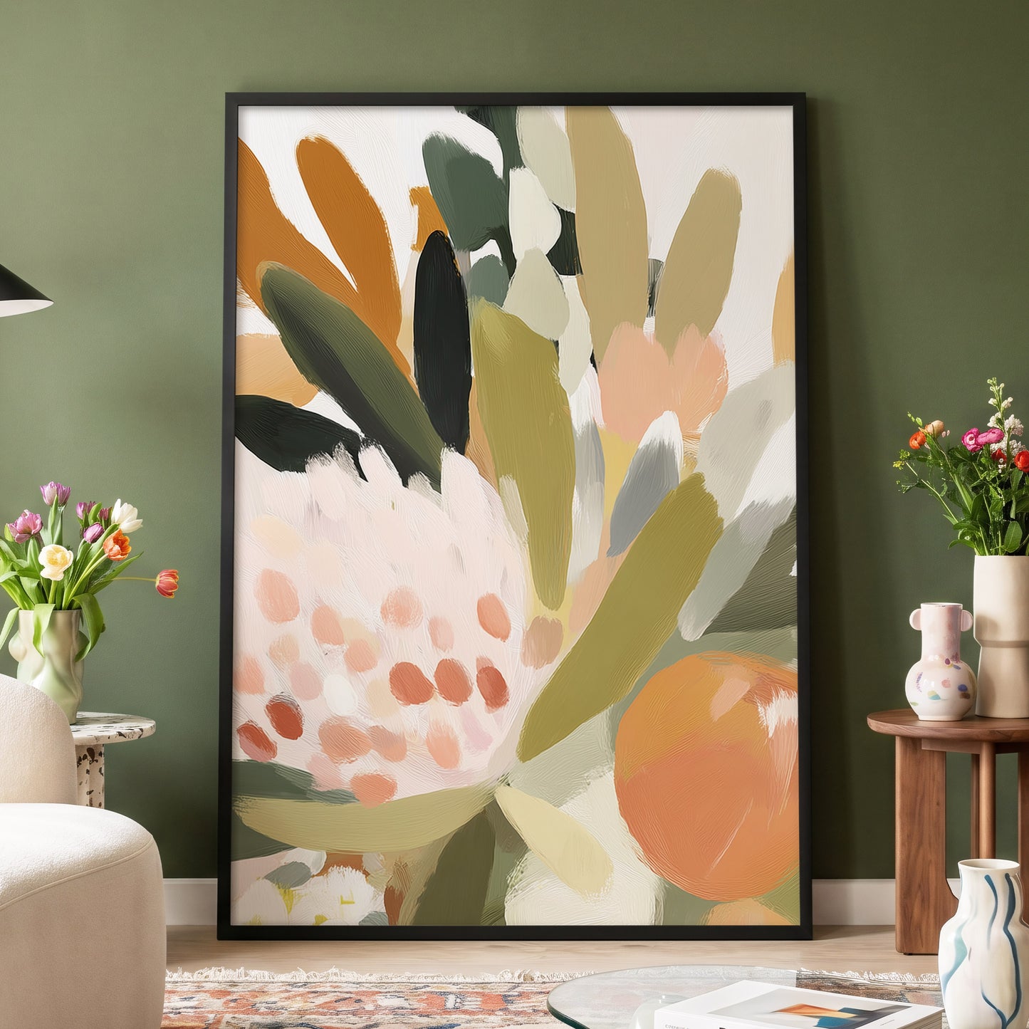 Verdant Petal Rhythm, green, beige, pink floral wall art displayed in a styled interior, gallery view 2