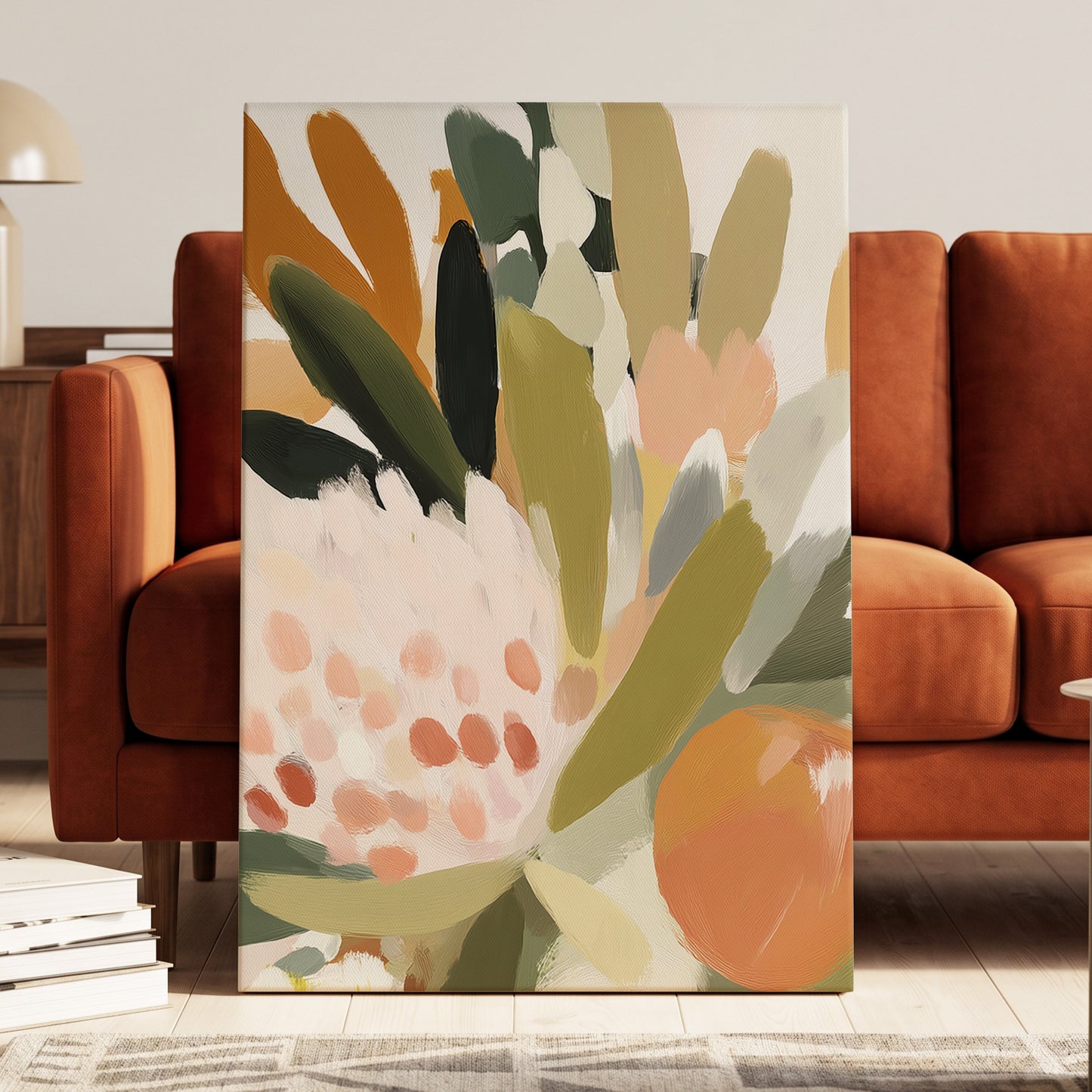 Verdant Petal Rhythm, green, beige, pink floral wall art displayed in a styled interior, gallery view 3