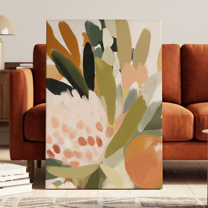 Verdant Petal Rhythm, green, beige, pink floral wall art displayed in a styled interior, gallery view 3