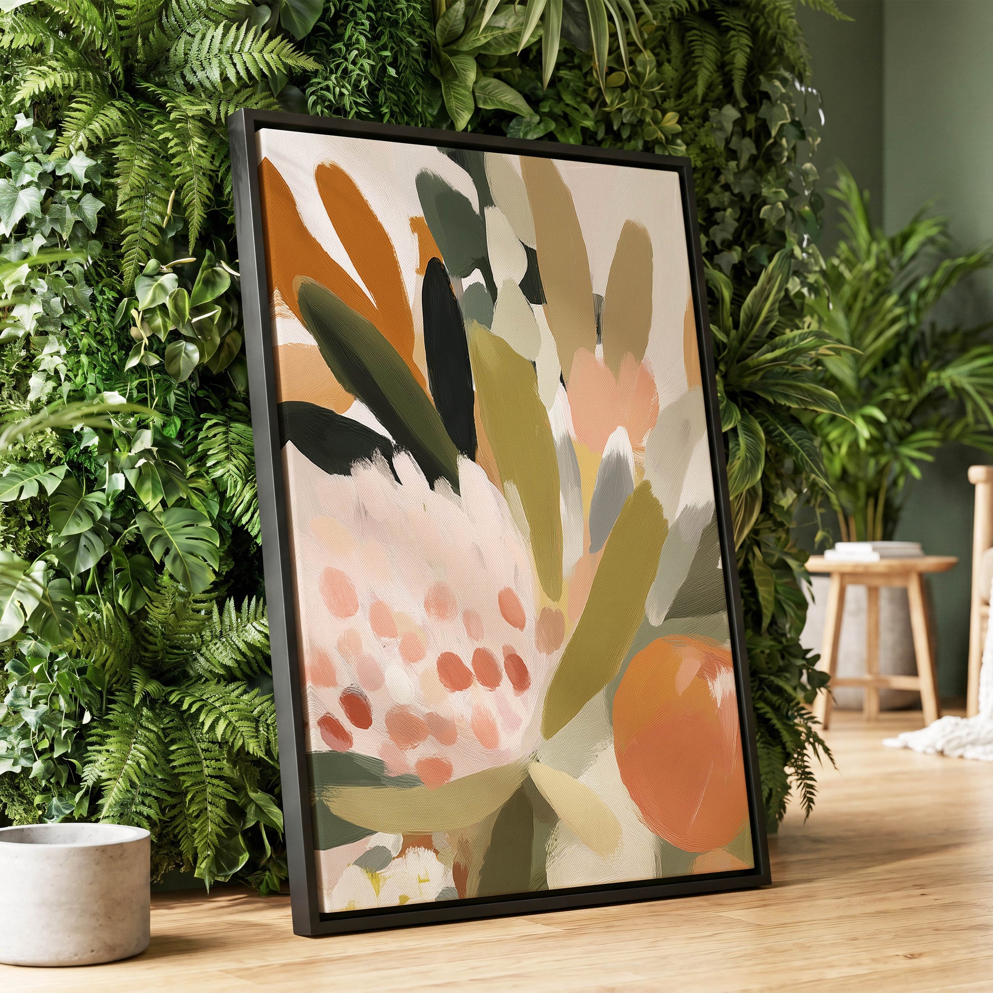 Verdant Petal Rhythm, green, beige, pink floral wall art displayed in a styled interior, gallery view 4