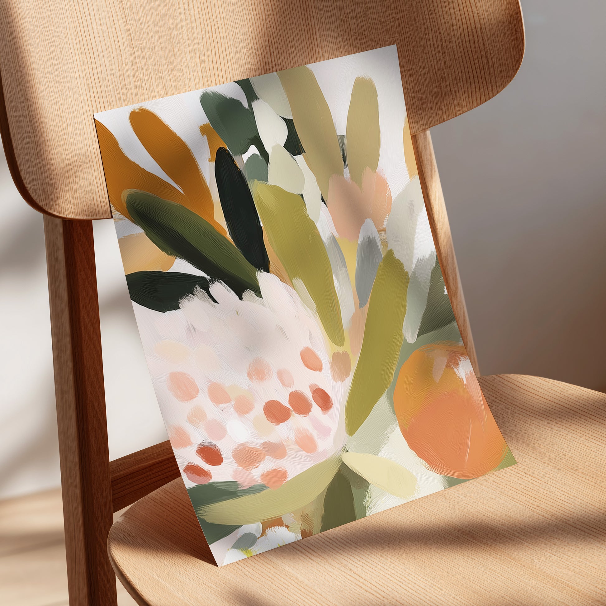 Verdant Petal Rhythm, green, beige, pink floral wall art displayed in a styled interior, gallery view 5