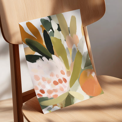 Verdant Petal Rhythm, green, beige, pink floral wall art displayed in a styled interior, gallery view 5