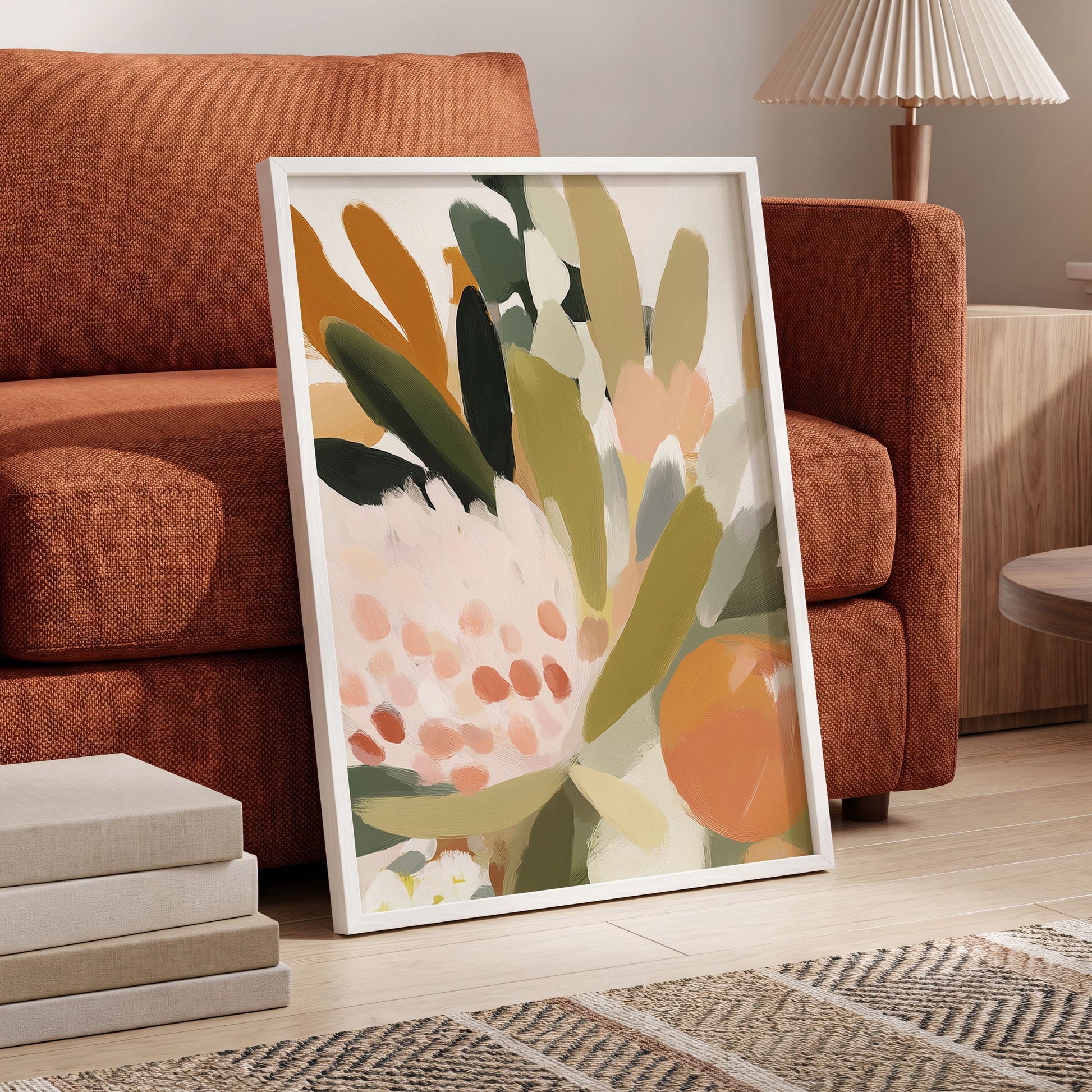 Verdant Petal Rhythm, green, beige, pink floral wall art displayed in a styled interior, gallery view 6