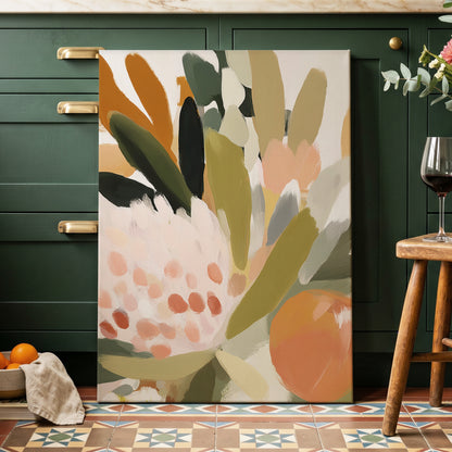 Verdant Petal Rhythm, green, beige, pink floral wall art displayed in a styled interior, gallery view 7