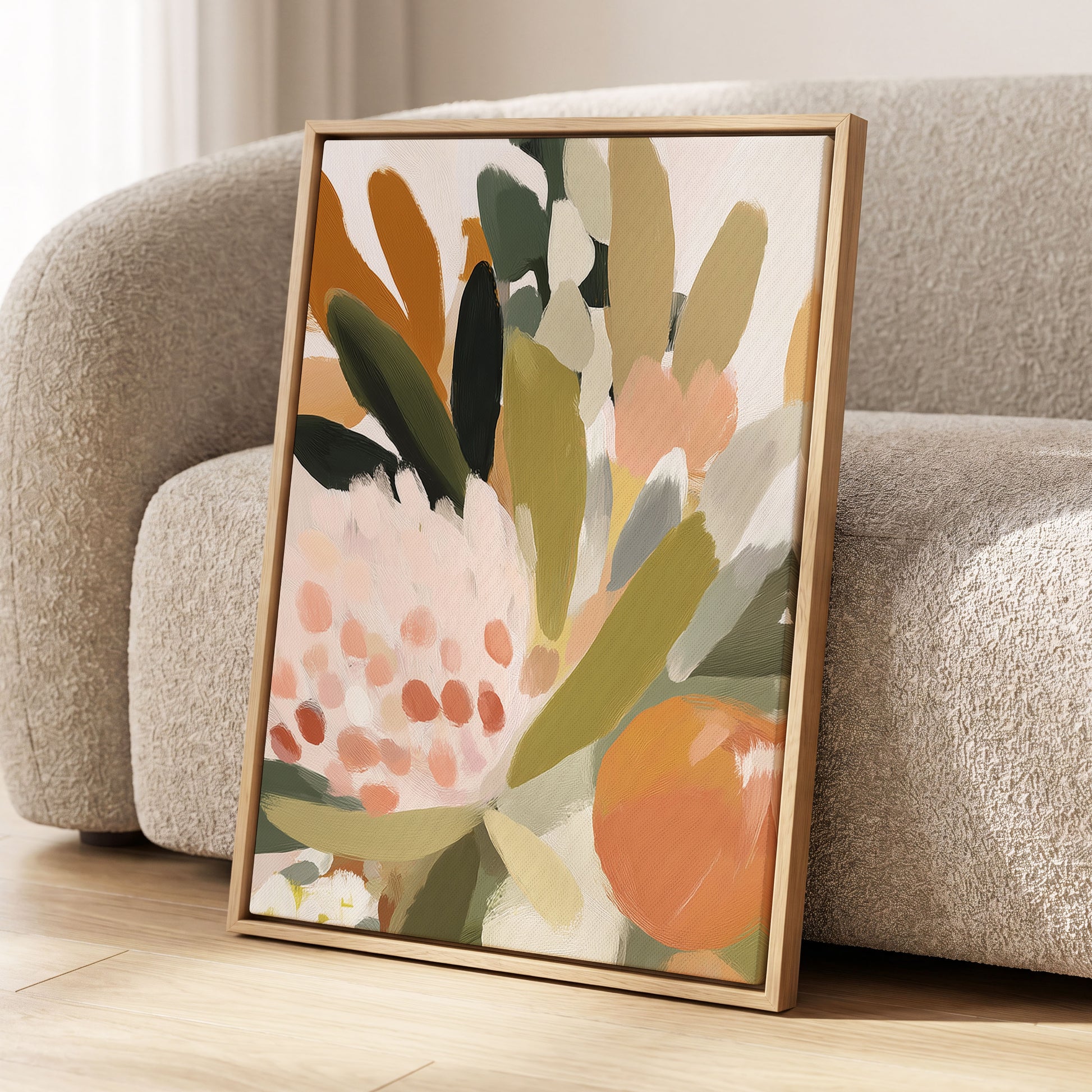 Verdant Petal Rhythm, green, beige, pink floral wall art displayed in a styled interior, gallery view 8