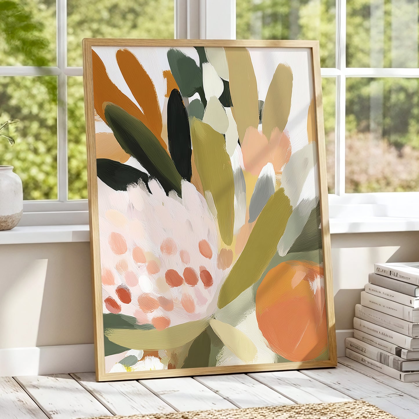 Verdant Petal Rhythm, green, beige, pink floral wall art displayed in a styled interior, gallery view 9