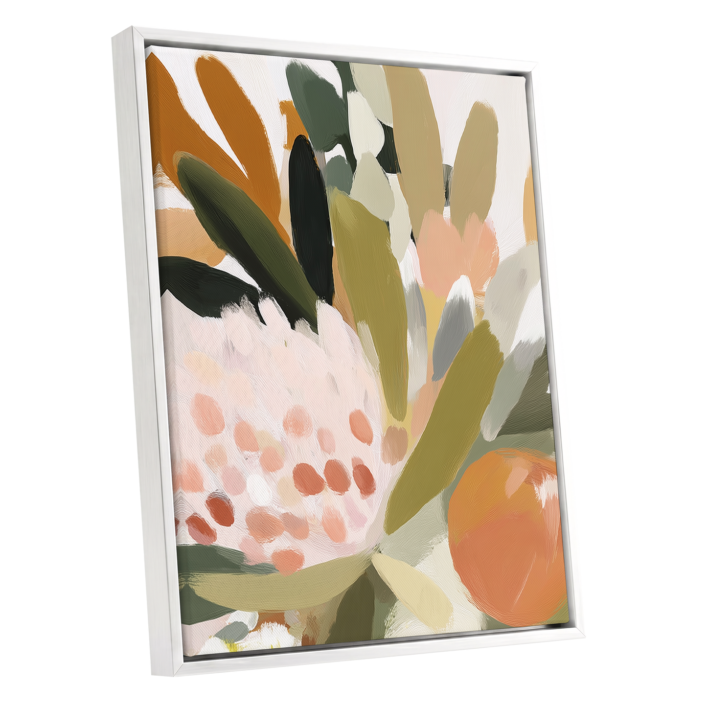 Verdant Petal Rhythm, green, beige, pink floral wall art shown as a white framed canvas wall art