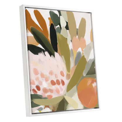 Verdant Petal Rhythm, green, beige, pink floral wall art shown as a white framed canvas wall art