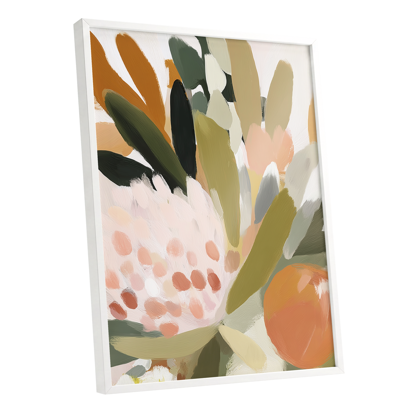 Verdant Petal Rhythm, green, beige, pink floral wall art shown as a white framed poster wall art print