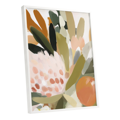 Verdant Petal Rhythm, green, beige, pink floral wall art shown as a white framed poster wall art print
