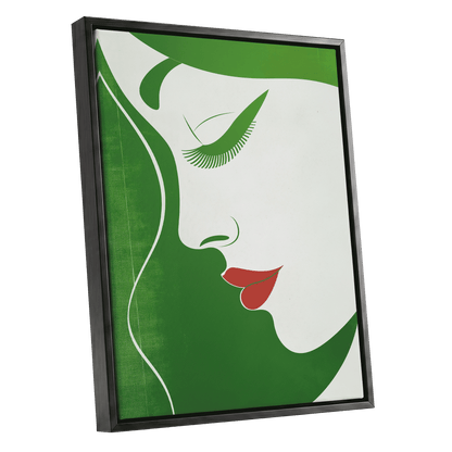 Verdant Profile, green, white, red minimalist wall art shown as a black framed canvas wall art