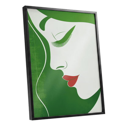 Verdant Profile, green, white, red minimalist wall art shown as a black framed poster wall art print