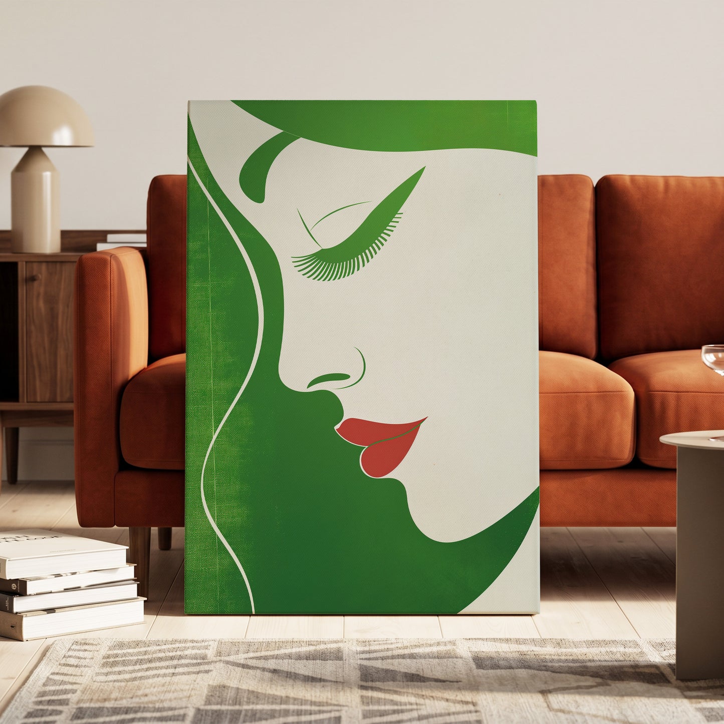 Verdant Profile, green, white, red minimalist wall art on canvas displayed in a styled interior, gallery view 1